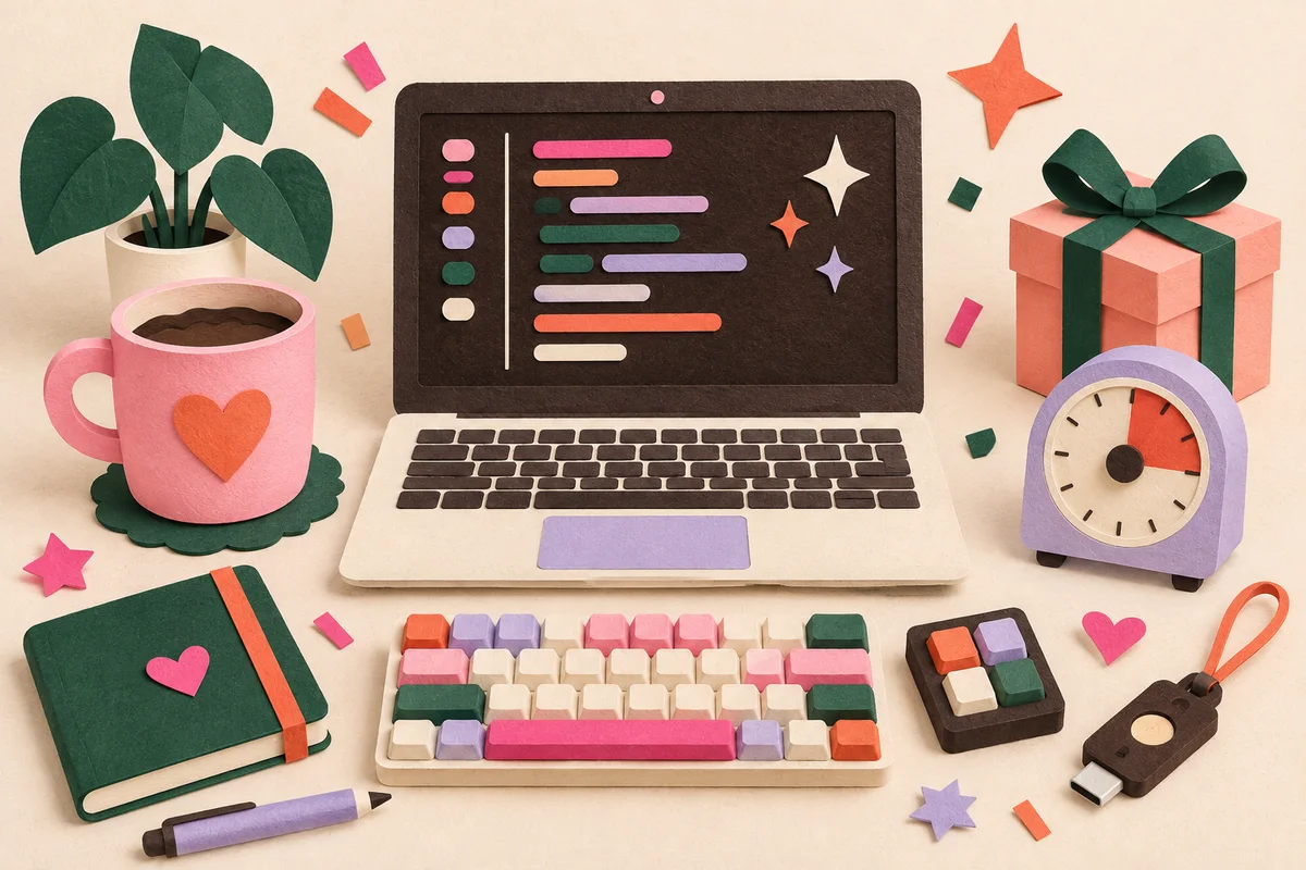 Paper-cut laptop, colorful keyboard, timer, security key, notebook, coffee, and wrapped gift