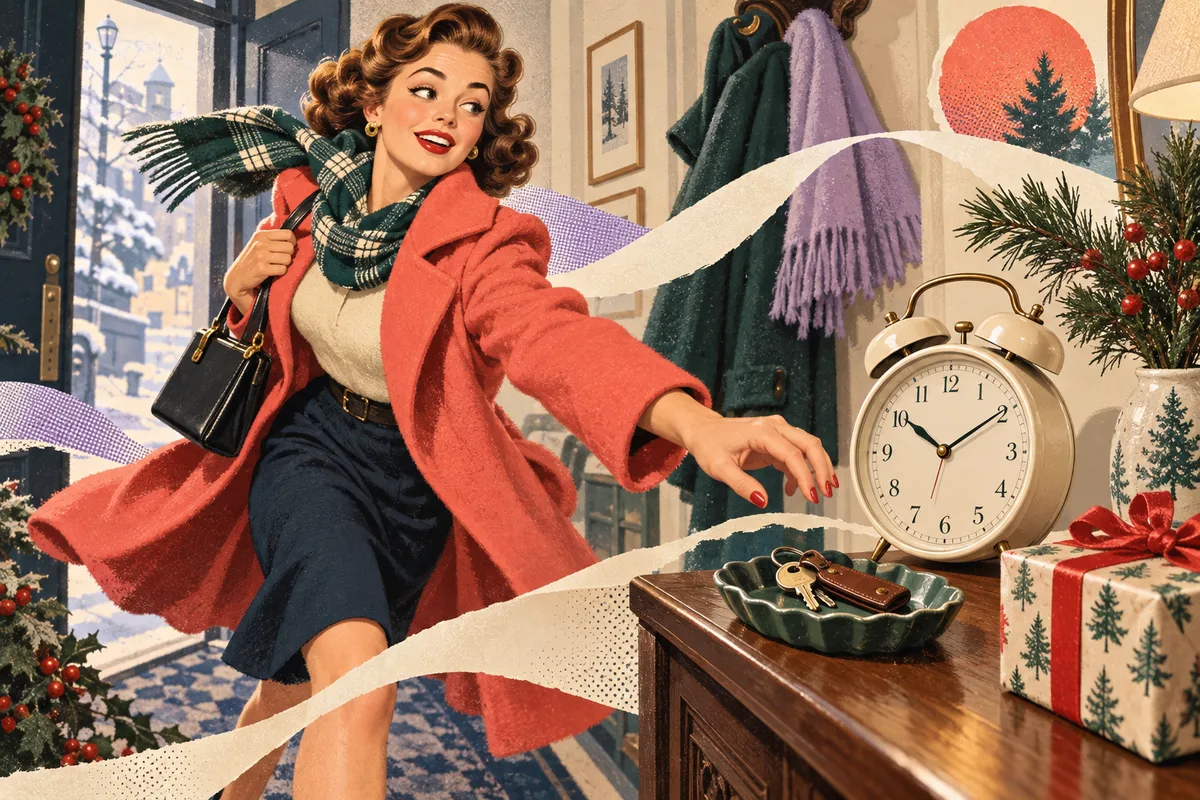 Retro illustration of a woman rushing out the door with a clock, coat, keys, and wrapped Christmas gift