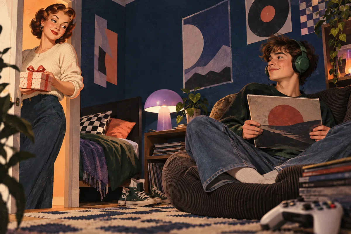 Retro illustration of a teenager shrugging as his aunt offers a small wrapped present