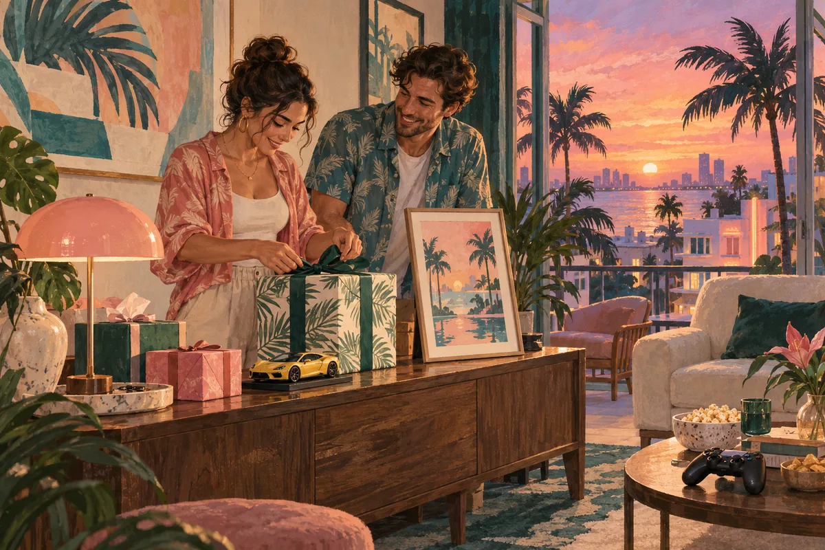 Original illustration of two adults arranging gifts, a model sports car and a tropical print in a palm-filled apartment at sunset