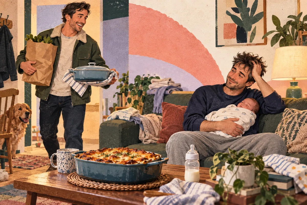 Retro illustration of a woman delivering groceries and a meal to grateful new parents