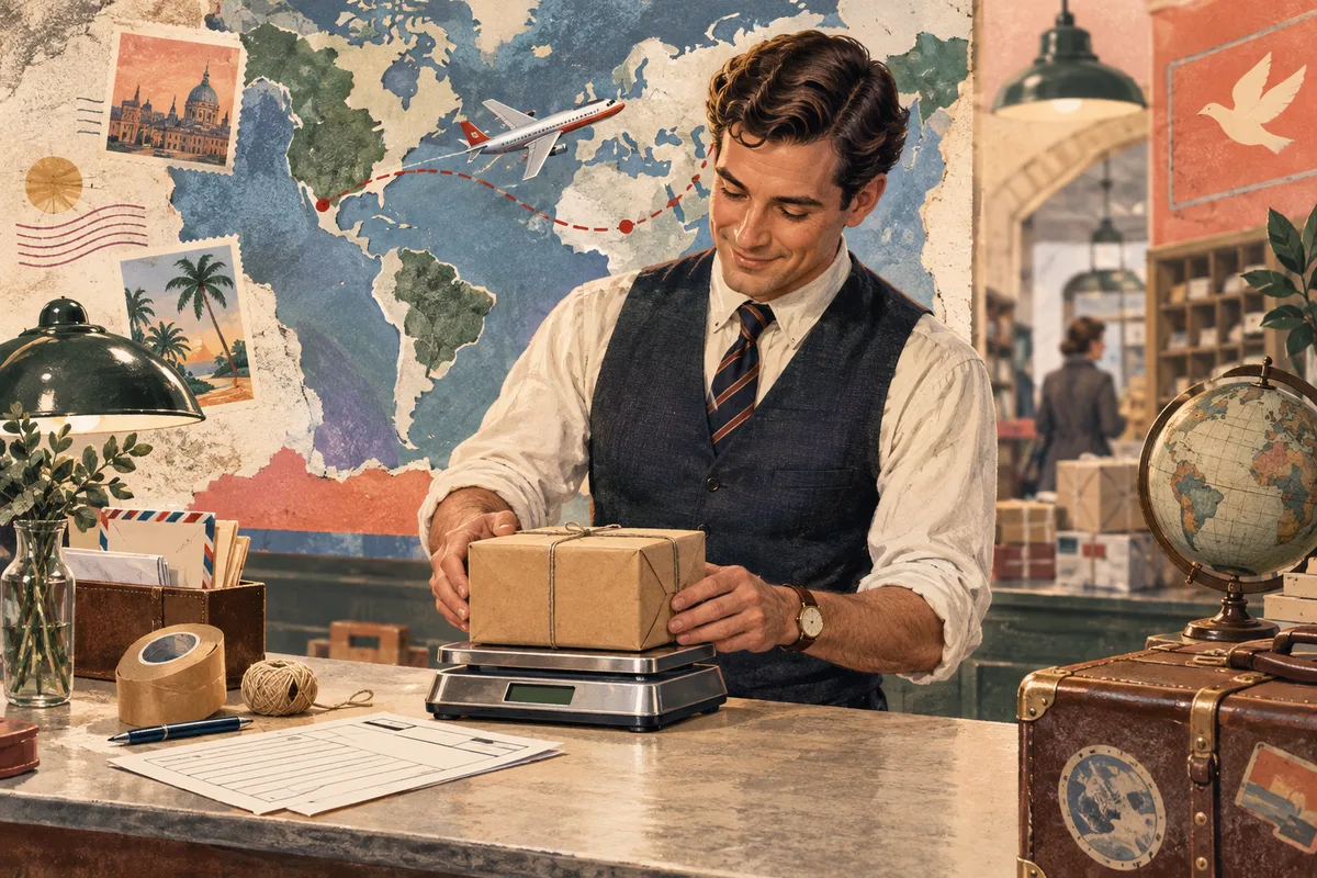 Retro illustration of a woman preparing an international parcel at a post office counter