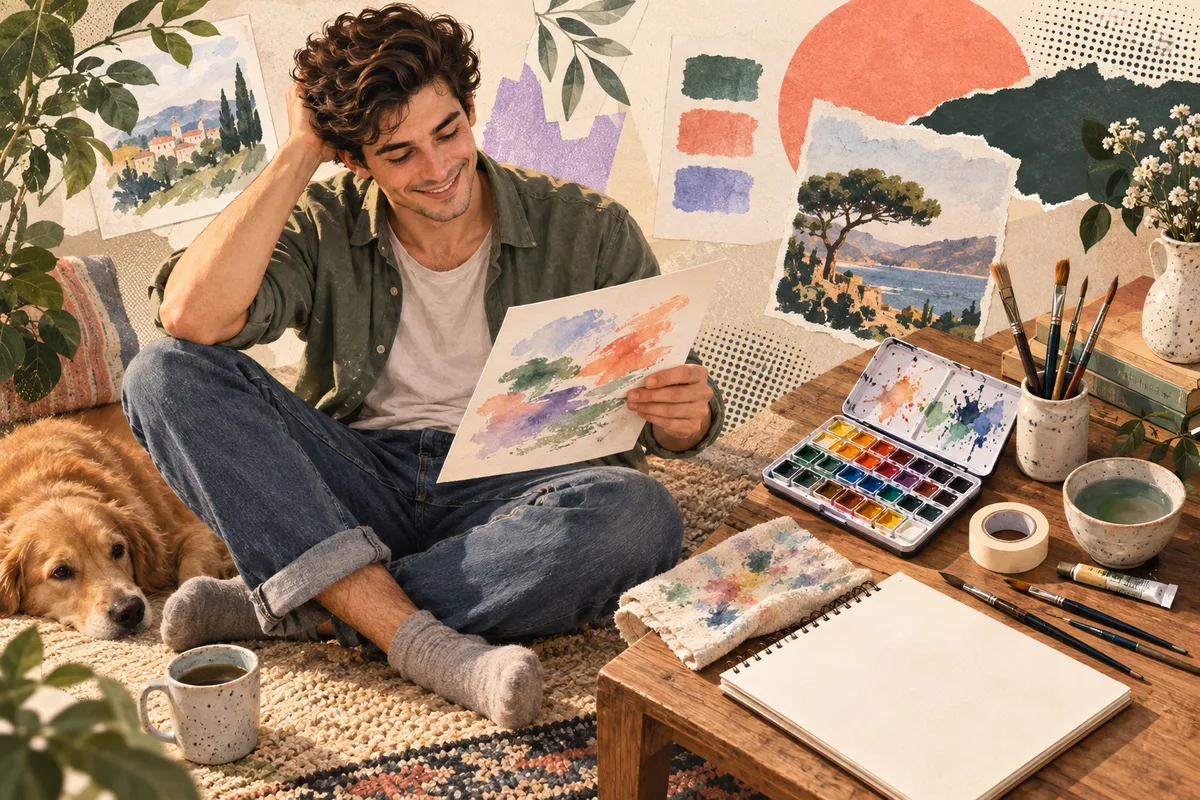 Retro illustration of two friends exploring paints, tools, and a half-finished craft project