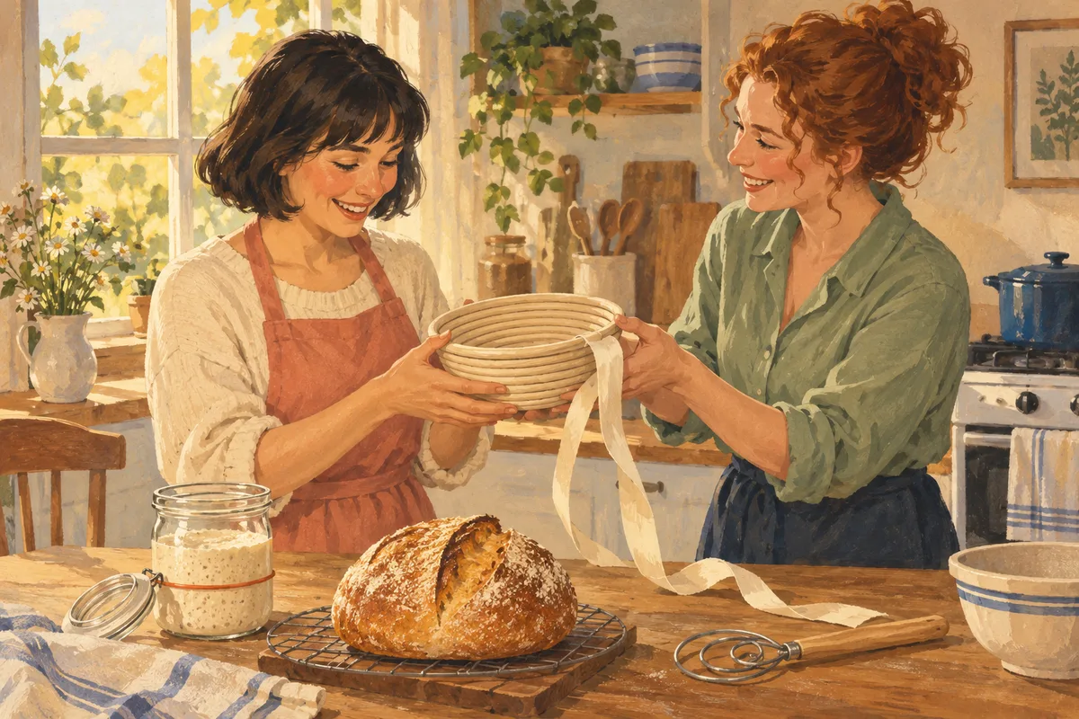 Gouache illustration of two friends sharing a proofing basket gift beside a starter jar, sourdough loaf and dough whisk