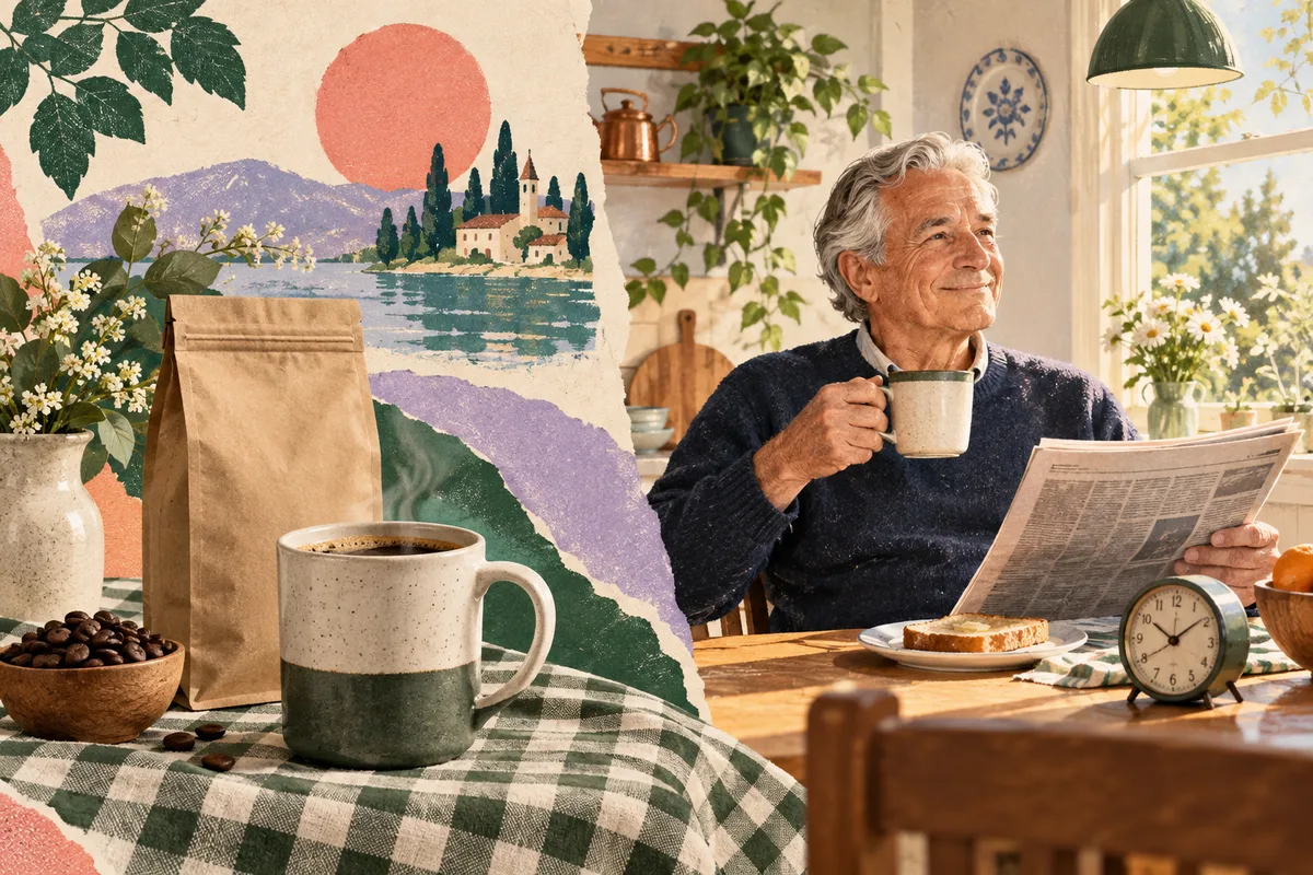 Retro illustration of a woman enjoying her usual breakfast as a friend adds a small gift
