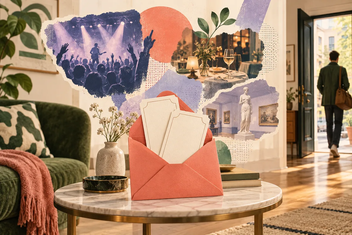 Retro illustration of a woman giving a tiny parcel to a friend in an uncluttered room