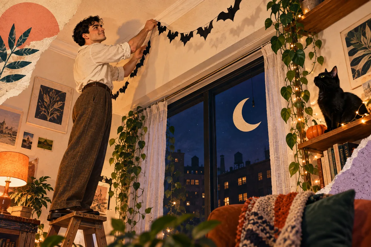 Retro illustration of a woman decorating a small apartment with paper bats, tiny pumpkins, and string lights