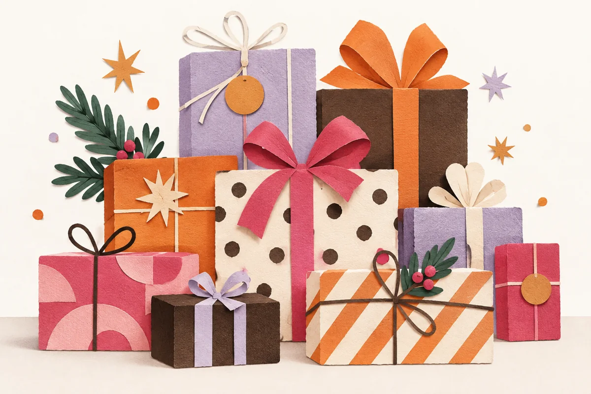Playful paper-cut holiday gifts, stars, ornaments, and ribbons in Giftlify colors