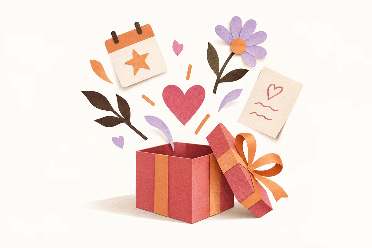 Paper-cut hands holding a wrapped gift among flowers, stars, and a heart