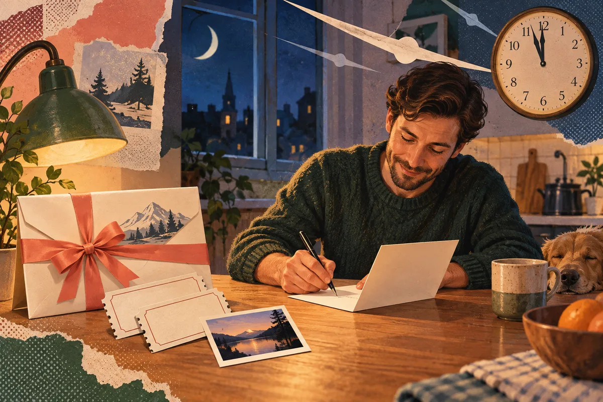 Retro illustration of a woman writing a thoughtful card at a kitchen table late at night