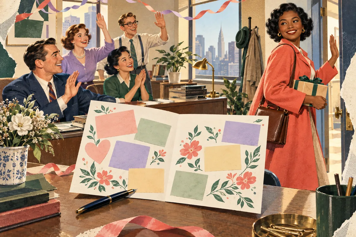 Retro illustration of a departing colleague carrying a signed card as coworkers wave goodbye