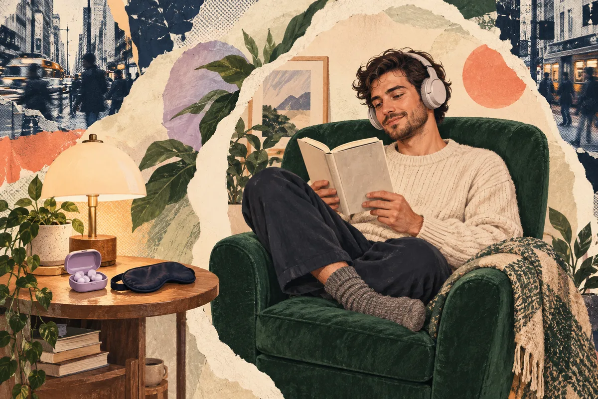 Retro illustration of a woman wearing headphones and reading in a calm room beside a warm lamp and small gift