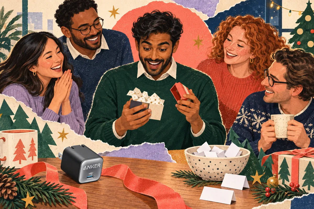 Retro illustration of an office worker drawing a Secret Santa name beside a small gift and coffee mug