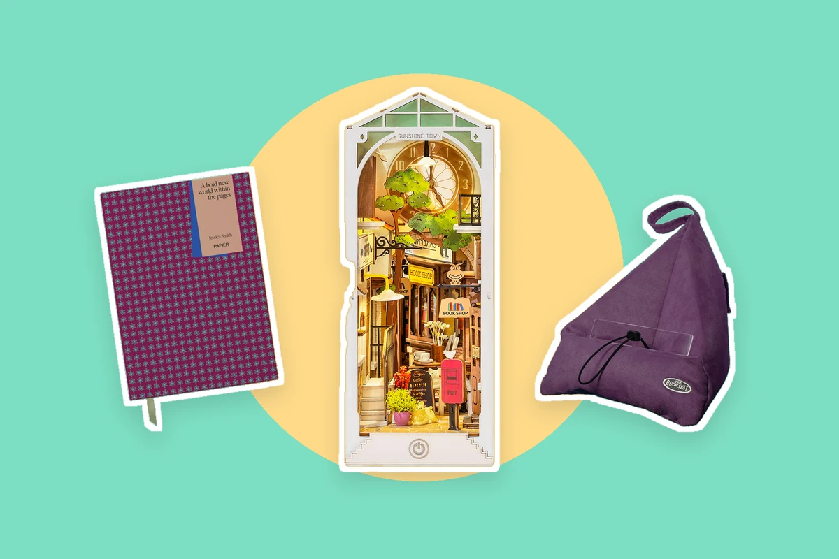 A large Rolife Sunshine Town miniature bookshop centered between a smaller Papier reading journal and purple Book Seat on a bright mint and yellow background