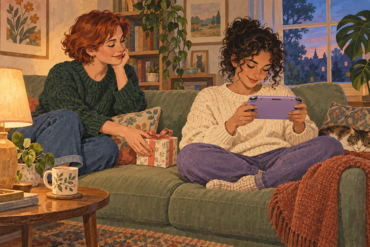 Gouache illustration of two friends on a sage sofa with a handheld console, a wrapped gift and a sleeping cat