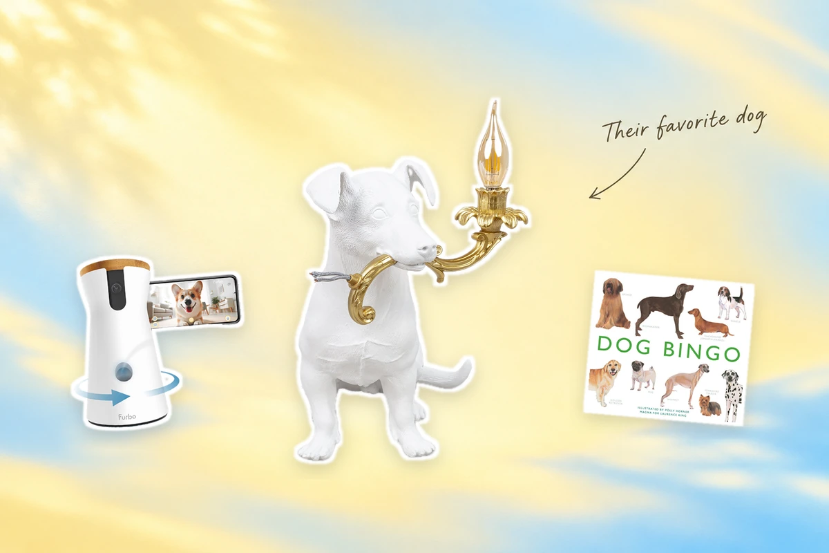 Giftlify cover featuring a large Seletti Rio dog lamp between a Furbo camera and Dog Bingo on warm butter yellow with a soft sky blue glow