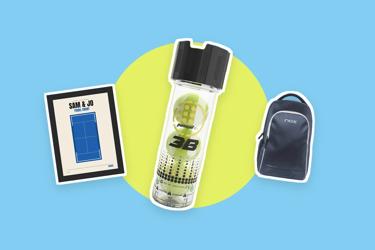 A large Pascal Box 3B ball pressurizer centered between a smaller personalized padel court print and navy NOX backpack on a bright blue and lime background
