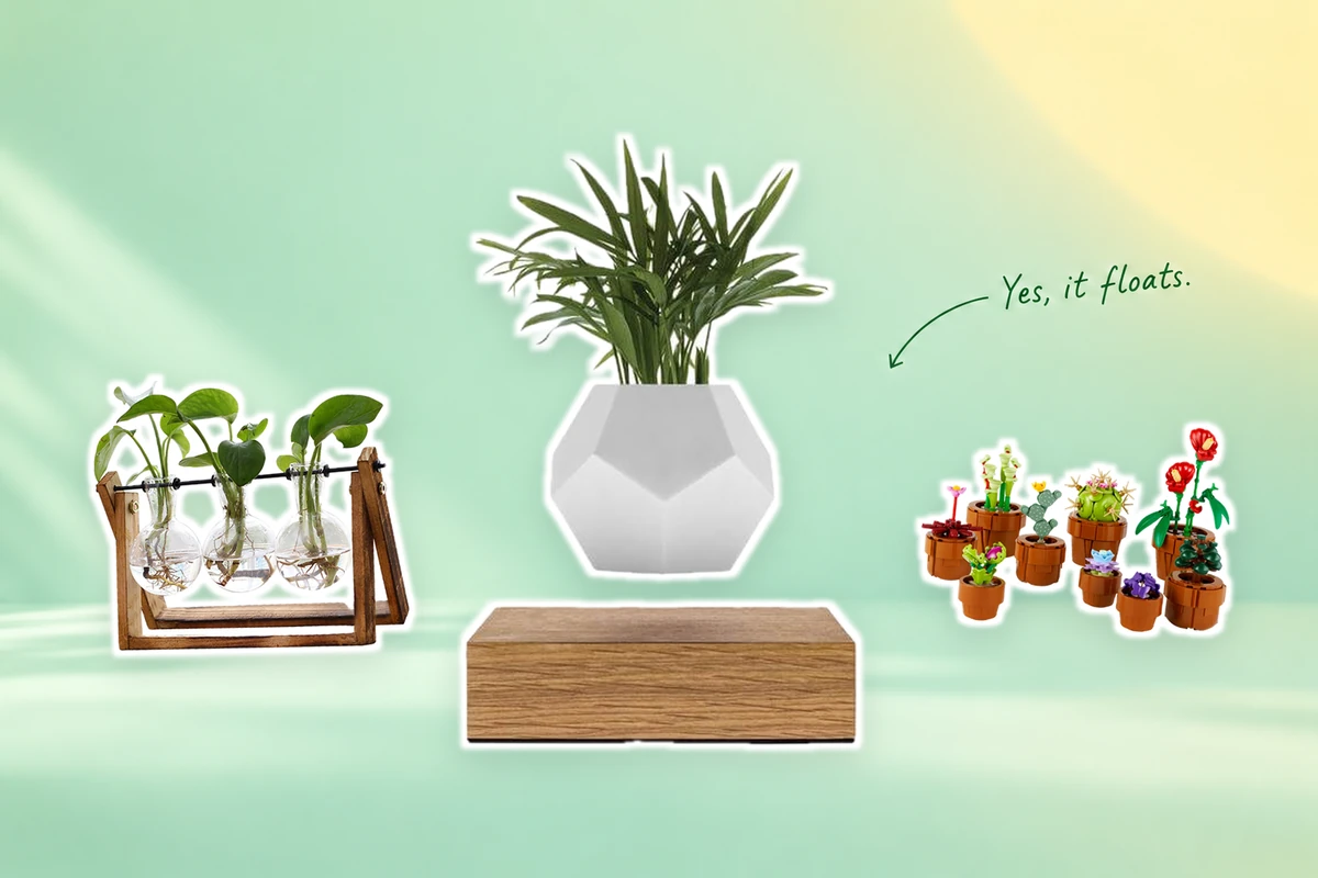 A large floating FLYTE LYFE planter between a glass propagation station and LEGO Tiny Plants on a mint and pale yellow background, with a handwritten Yes, it floats note