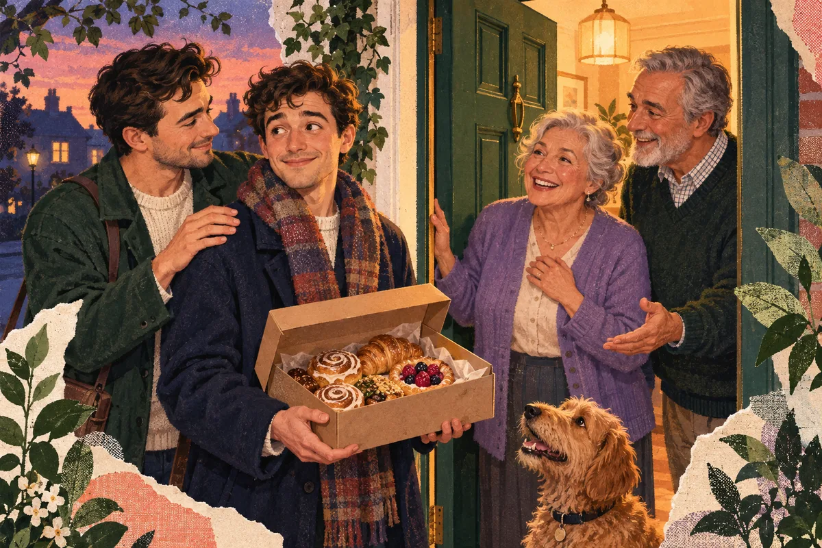 Retro illustration of a woman arriving to meet a family with a potted plant and bakery box