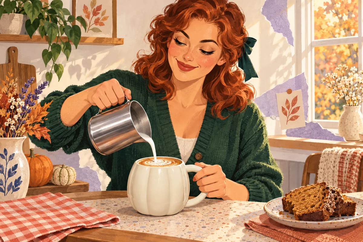 Retro collage of a red-haired woman pouring milk into a cream pumpkin mug beside pumpkin bread in an autumn kitchen
