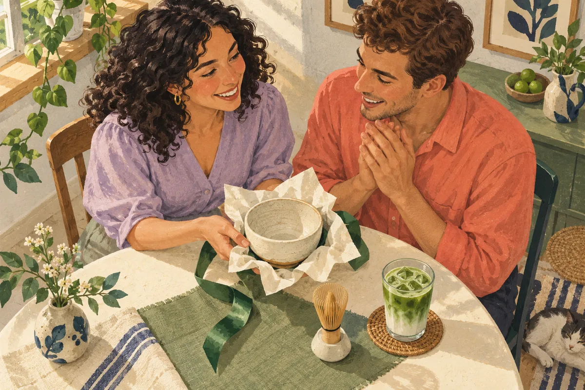 Retro illustration of two friends opening a ceramic tea bowl gift beside a bamboo whisk and an iced matcha latte