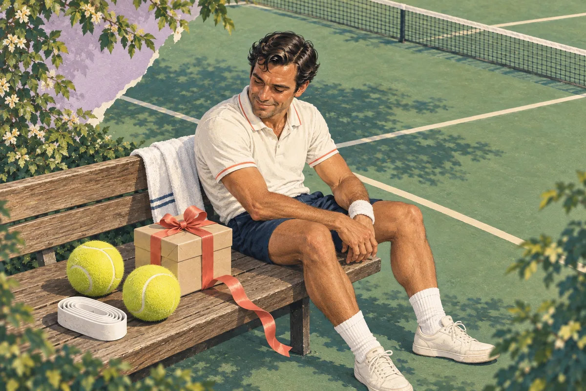 Retro collage of a man in tennis whites on a courtside bench beside bright tennis balls, a white overgrip and a ribbon-wrapped gift
