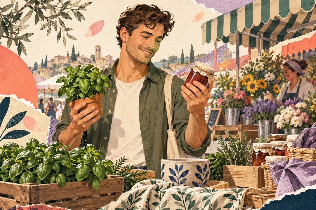 Retro illustration of a woman choosing between a flower bouquet, potted herb, and preserves
