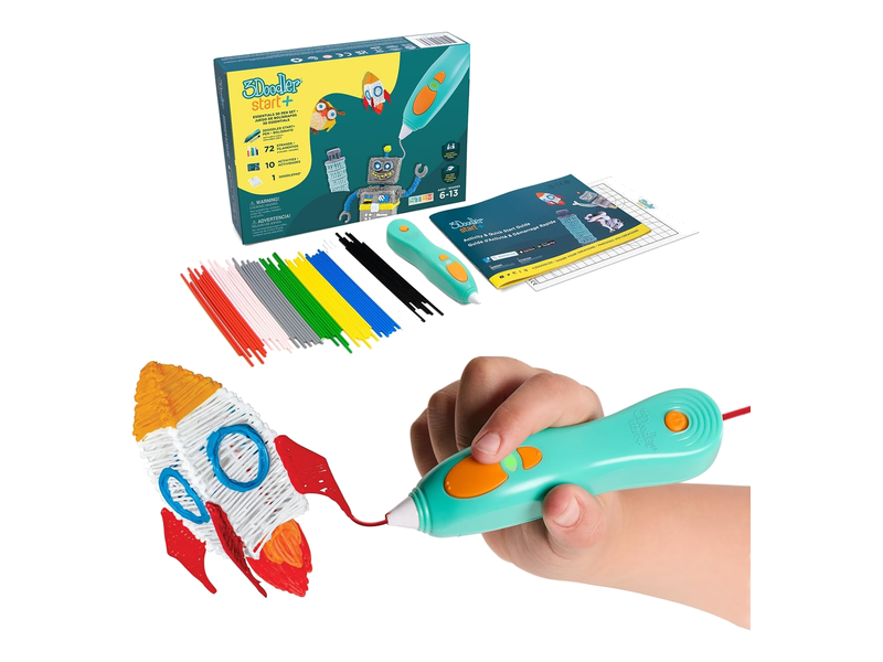 3Doodler Start+ Essentials box with the pen, colored filament and a small model rocket