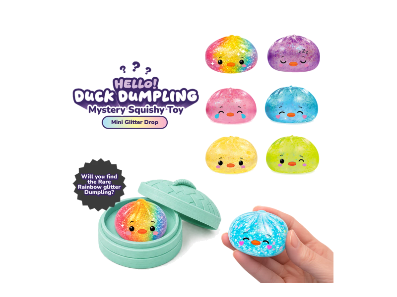 Top Trenz promotional photograph showing possible glitter duck dumplings and their teal container; one mystery toy per purchase