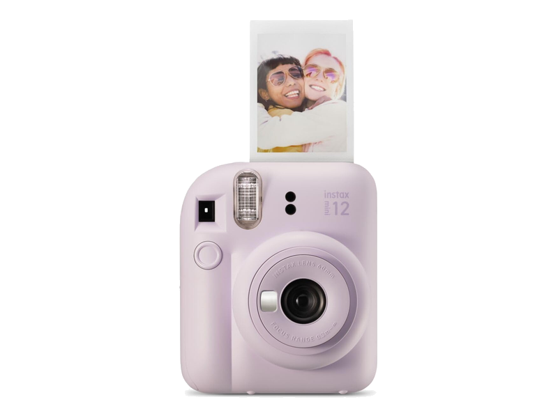 Lilac Purple Fujifilm instax mini 12 with an example instant photograph emerging from the top
