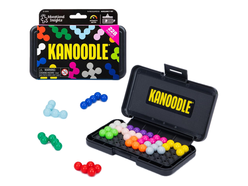 Kanoodle puzzle box beside its open black case and colorful connected puzzle pieces