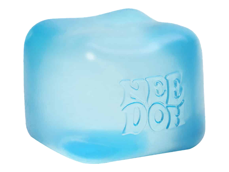An unboxed blue NeeDoh Nice Cube with its embossed logo; the linked single-cube listing supplies a random color
