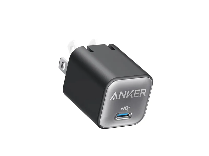 Black Anker Nano 30W USB-C wall charger with folding prongs