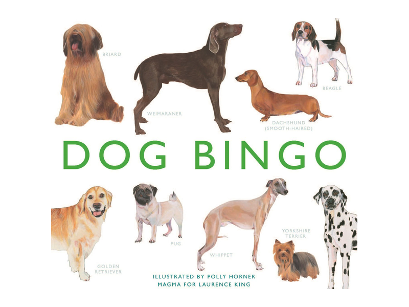 The illustrated Dog Bingo box with a grid of different dog breeds