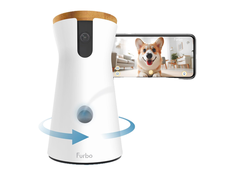 A white Furbo 360 dog camera with a wooden lid and a phone illustrating the companion app