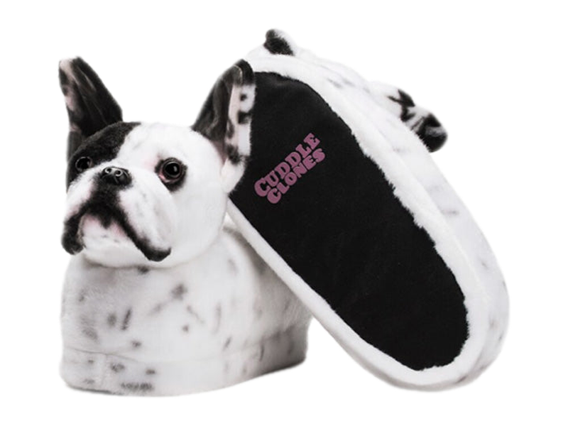 An example pair of plush slippers modeled after a black and white dog