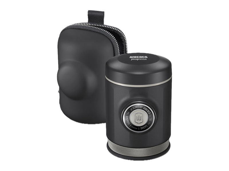 A black WACACO Picopresso manual espresso maker beside its zippered protective case