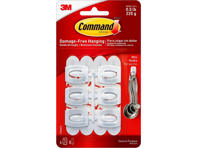 Package of six small white Command adhesive hooks with mounting strips