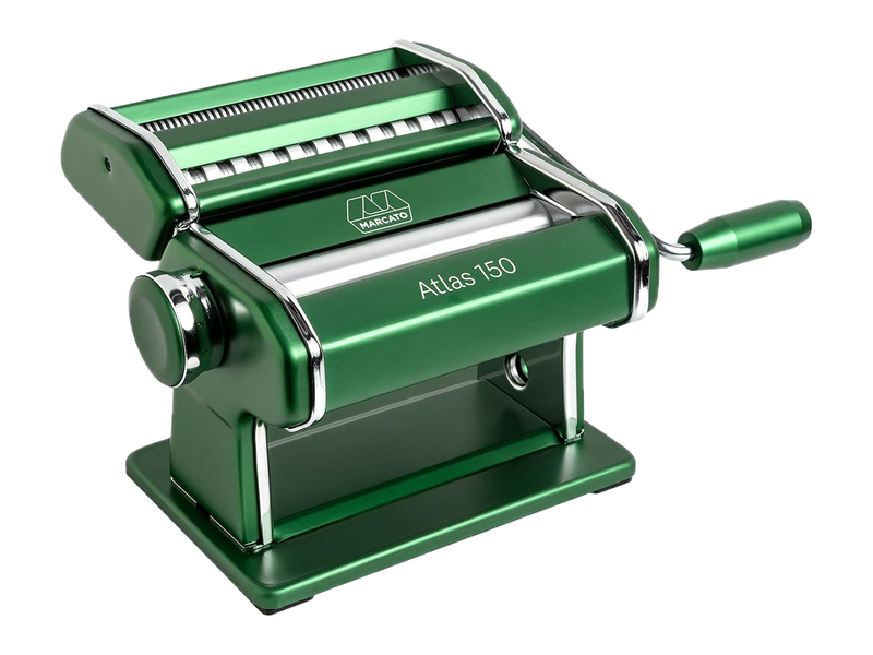 A green MARCATO Atlas 150 pasta machine with shiny metal rollers and a matching green hand crank
