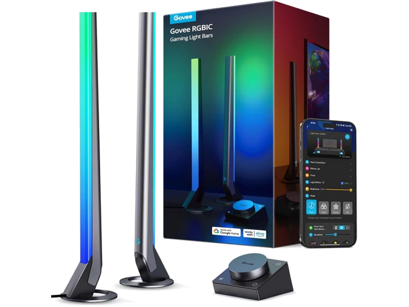 Two dark Govee H6047 light bars, a dial controller and retail box with a phone showing the app; phone not included