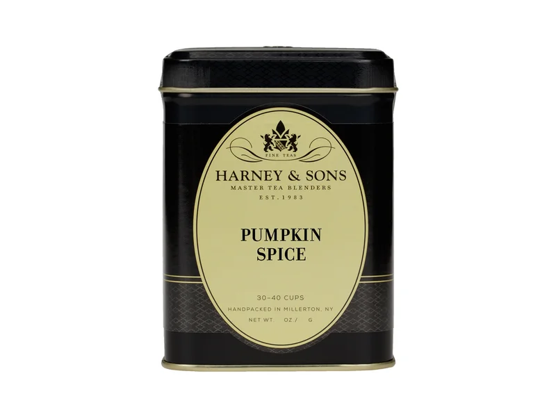 Black Harney and Sons Pumpkin Spice loose tea tin with a pale yellow label