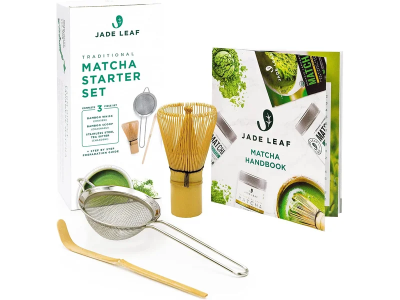 Jade Leaf matcha starter set with bamboo whisk, scoop, metal sifter and printed guide