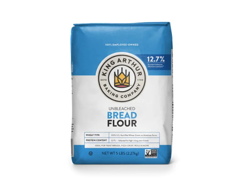 Blue and white 5-pound bag of King Arthur unbleached bread flour