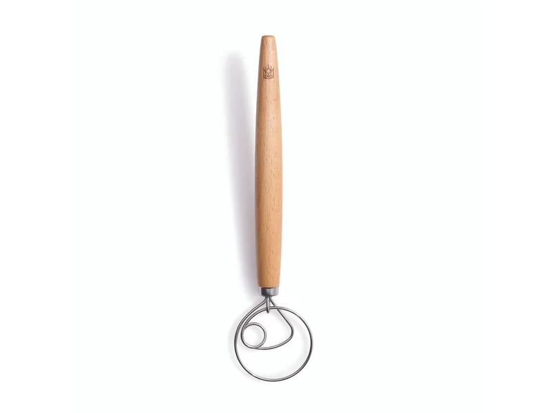 King Arthur dough whisk with a wooden handle and a single wire loop