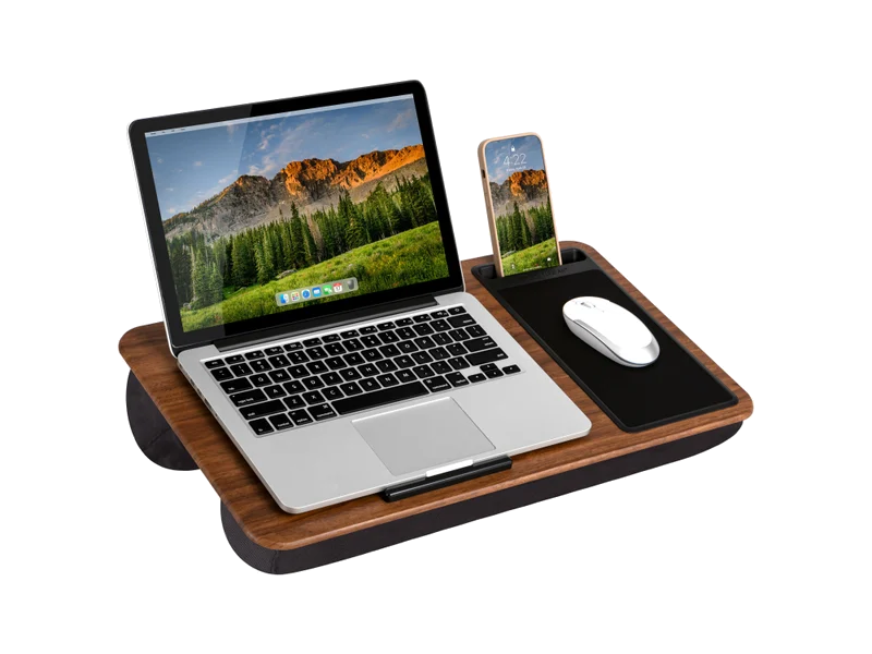 Espresso Woodgrain LapGear lap desk with a laptop, mouse and phone shown as props, not included