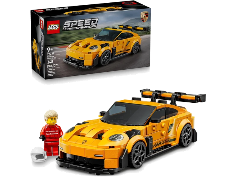Yellow LEGO Porsche 911 GT3 RS model with black rear wing, driver minifigure and the box for set 77239