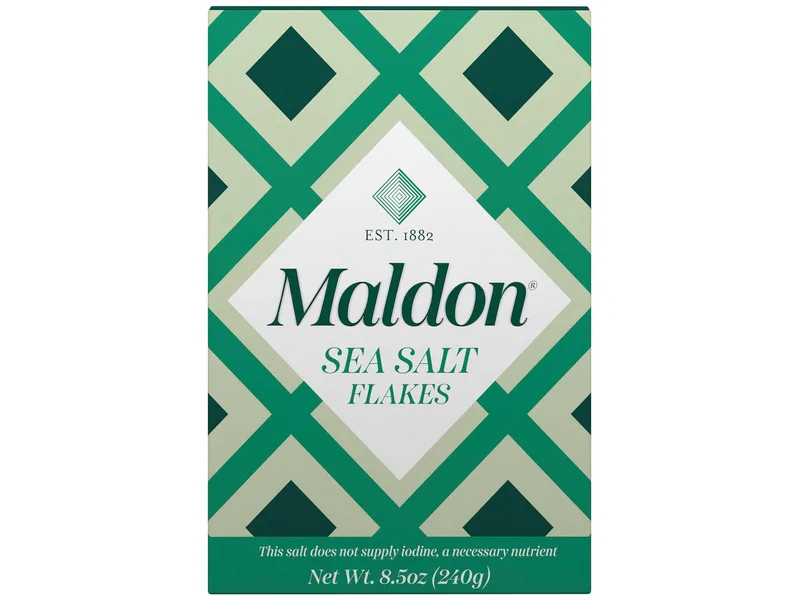 Green and white box of Maldon sea salt flakes