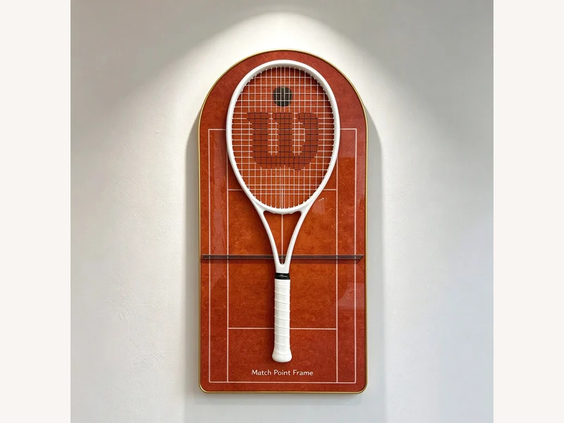 Arched clay-red Match Point Frame wall display shown holding a white tennis racket, which is not included