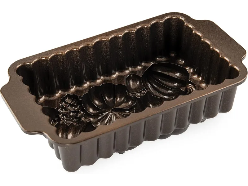 Bronze Nordic Ware Harvest Bounty loaf pan molded with autumn leaves and pumpkins