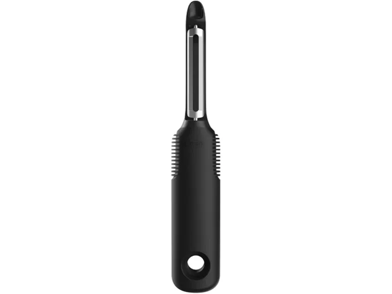 OXO Good Grips swivel vegetable peeler with a black handle and steel blade